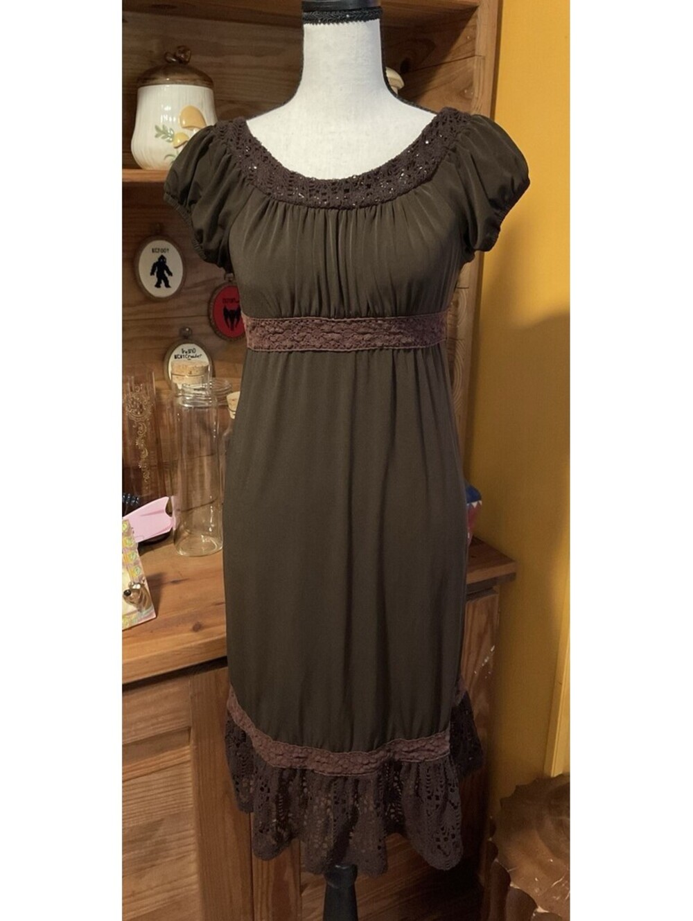 Y2K Brown Cottagecore Crochet Trim Dress Amy Byer Girl’s Size 16 XL
